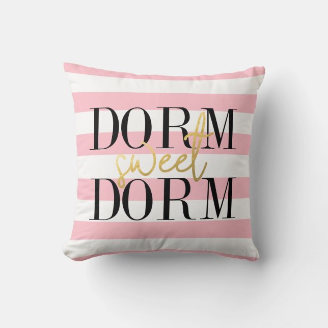 Dorm Sweet Dorm | Bubblegumroze strepen Kussen (Voorkant)