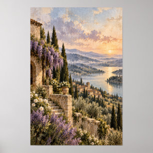 Dorp aan het meer bij zonsondergang met blauwerege poster