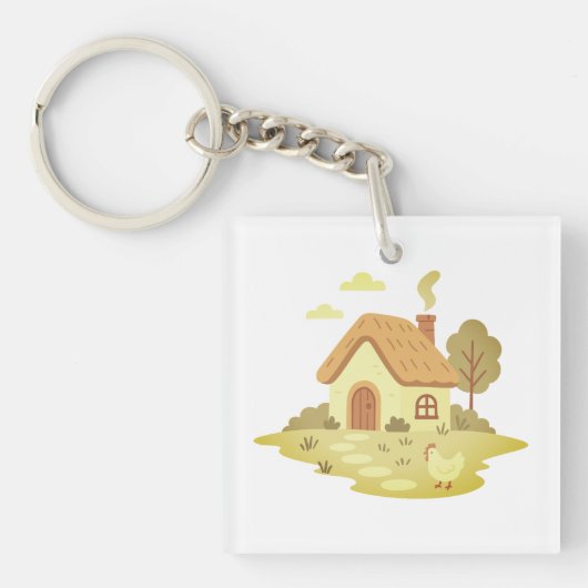 Dorp, huis, mooie bloemen sleutelhanger (voorkant)