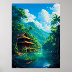 Dorp in de omarming van de natuur poster