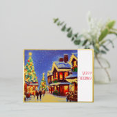Dorp met kerst met mensen en ornamenten folie feestdagen briefkaart (Staand Voorkant)