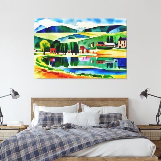 Dorp met uitzicht op rustige Lake Canvas Print (Insitu (Slaapkamer))