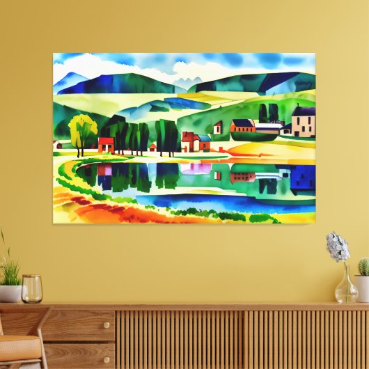 Dorp met uitzicht op rustige Lake Canvas Print (Insitu (Woonkamer))