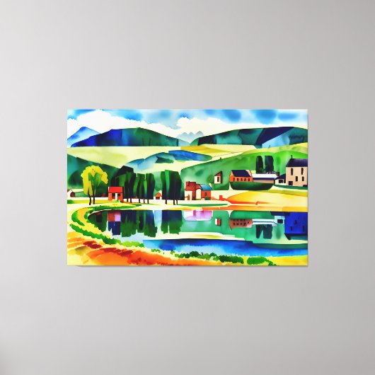 Dorp met uitzicht op rustige Lake Canvas Print (Voorkant)