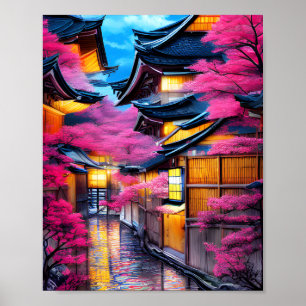 dorp omringd door Cherry Blossom Poster