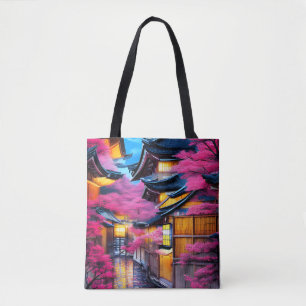 Dorp omringd door kersenbloesems tote bag