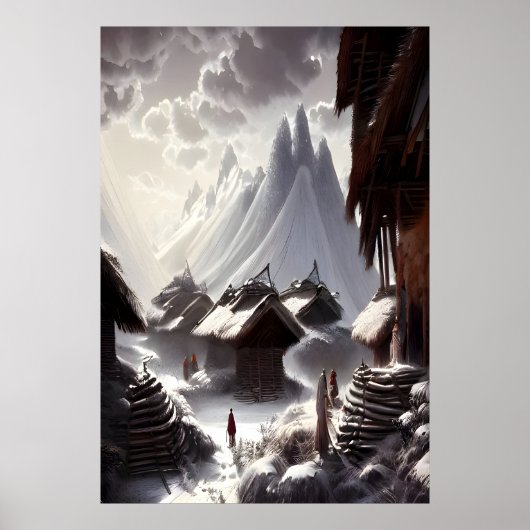 Dorp op de sneeuw en de berg | AI Art Poster (Voorkant)