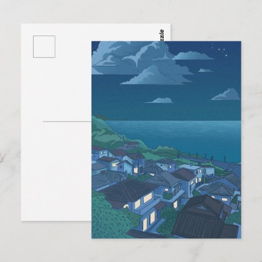 Dorp zee blauw nacht hemel Anime Briefkaart (Voorkant / Achterkant)