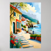 Dorpschildering op strandklif versierde bloemen poster (Voorkant)
