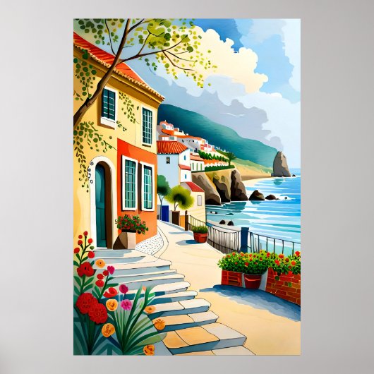 Dorpschildering op strandklif versierde bloemen poster (Voorkant)