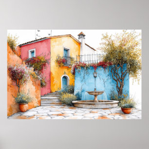 Dorpshuizen Illustratie Pastel Kleurtekening Poster