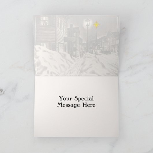 Dorpstraat op een winteravond met sterkaart kaart (Binnen)