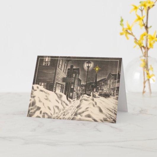 Dorpstraat op een winteravond met sterkaart kaart (Gele Bloem)