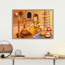 Dorpsvrouw karnen boter met houten madhani