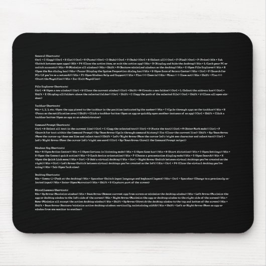 DOS-stijl zwart met Windows sneltoetsen Muismat (Voorkant)