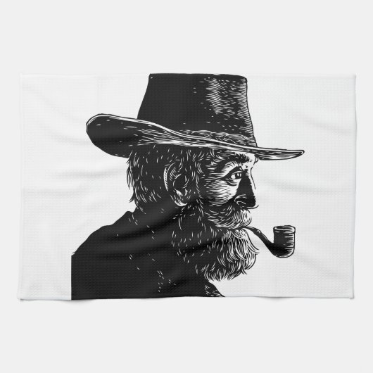 Dot and Line Portrait: Wijs Oud Man Roken een Pijp Theedoek (Horizontaal)