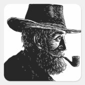 Dot and Line Portrait: Wijs Oud Man Roken een Pijp Vierkante Sticker (Voorkant)