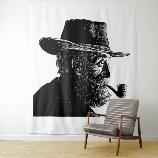 Dot and Line Portrait: Wijs Oud Man Roken een Pijp Wandkleed (In situ)