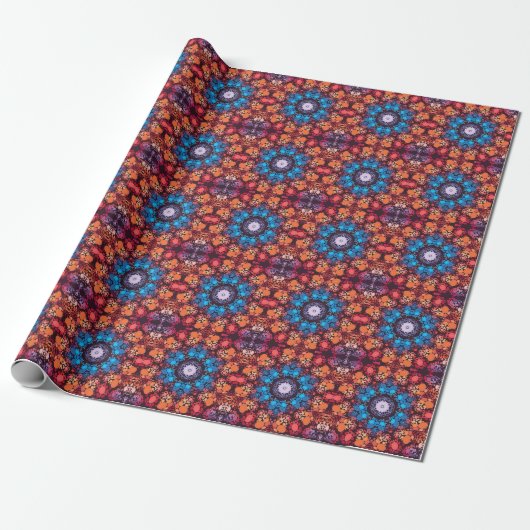 Dot Mandala Blauw Rood en Sinaasappel Cadeaupapier (Uitgerold)