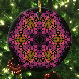 Dot Mandala Bloem Roze Geel en Zwart Keramisch Ornament