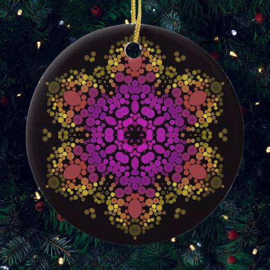 Dot Mandala Bloem Roze Geel en Zwart Keramisch Ornament