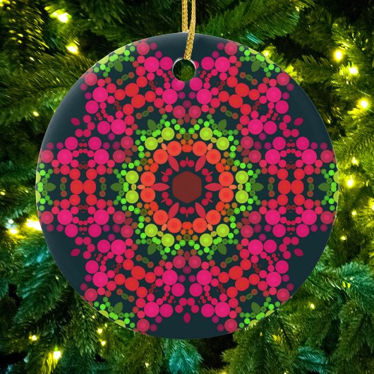 Dot Mandala Flower Pink Green en Oranje Keramisch Ornament