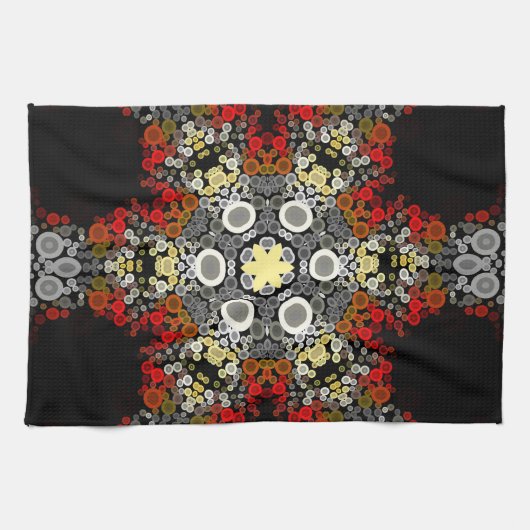 Dot Mandala Flower Red Yellow en Grey Theedoek (Horizontaal)