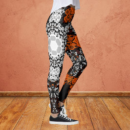 Dot Mandala Flower White Oranje and Black Leggings