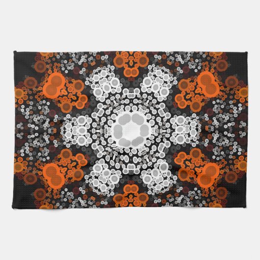 Dot Mandala Flower White Oranje and Black Theedoek (Horizontaal)