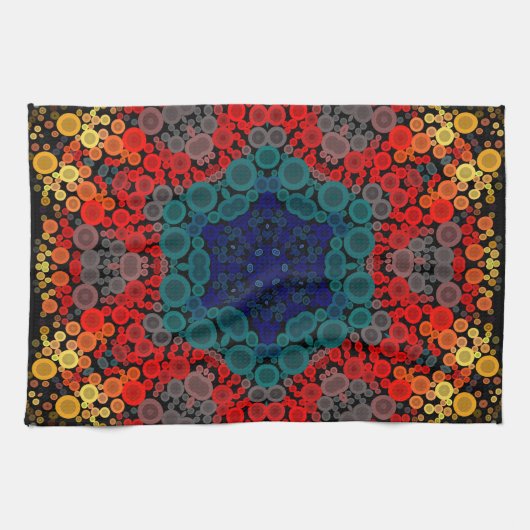 Dot Mandala Flower Yellow Blue en Red Theedoek (Horizontaal)