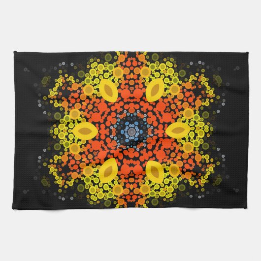 Dot Mandala Flower Yellow Oranje and Blue Theedoek (Horizontaal)