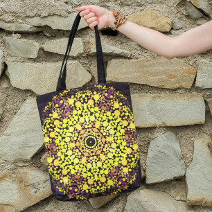 Dot Mandala Flower Yellow Paars and Black Tote Bag