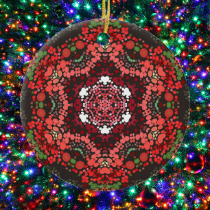 Dot Mandala Rood Groen en Wit Keramisch Ornament