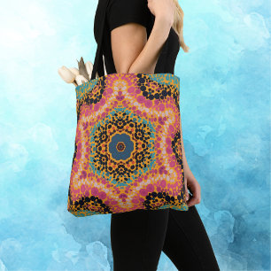 Dot Mandala Roze Blauw Zwart en Geel Tote Bag