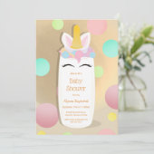 Dot Unicorn Baby fles | Uitnodiging tot Baby showe (Staand voorkant)