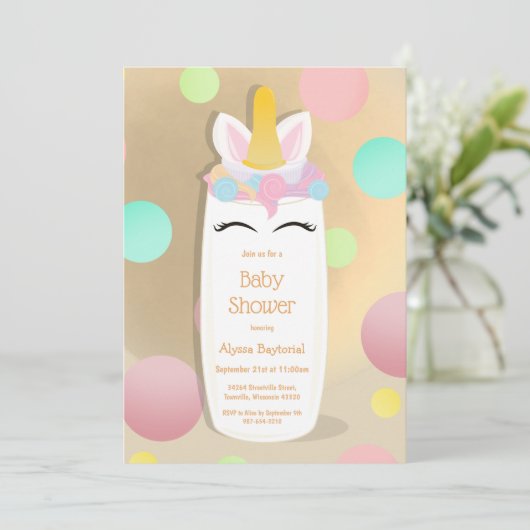 Dot Unicorn Baby fles | Uitnodiging tot Baby showe (Staand voorkant)