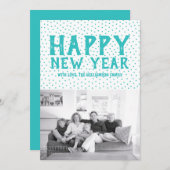 Dotted Happy New Year-fotokaart | Turquoise Feestdagenkaart (Voorkant / Achterkant)
