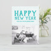 Dotted Happy New Year-fotokaart | Turquoise Feestdagenkaart (Staand voorkant)
