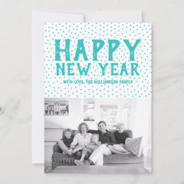 Dotted Happy New Year-fotokaart | Turquoise Feestdagenkaart