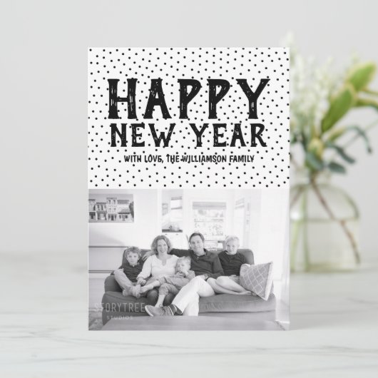 Dotted Happy New Year-fotokaart | Zwart Feestdagenkaart (Staand voorkant)