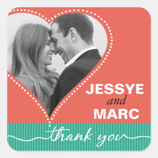 Dotted Heart Foto Dank u koraal jade Vierkante Sticker (Voorkant)
