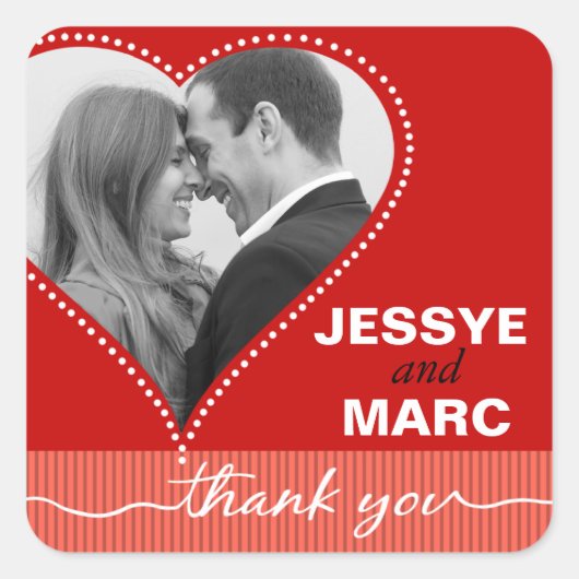 Dotted Heart Foto Dank u rood koraal Vierkante Sticker (Voorkant)