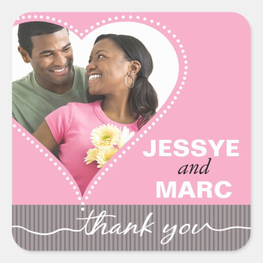 Dotted Heart Foto Dank u roze grijs Vierkante Sticker (Voorkant)