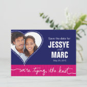 Dotted Heart Photo Bewaar de datum marineblauw fus Save The Date (Staand voorkant)