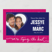 Dotted Heart Photo Bewaar de datum marineblauw fus Save The Date (Voorkant / Achterkant)