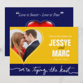 Dotted Heart Photo Sla de datum op gele marine Save The Date (Voorkant / Achterkant)