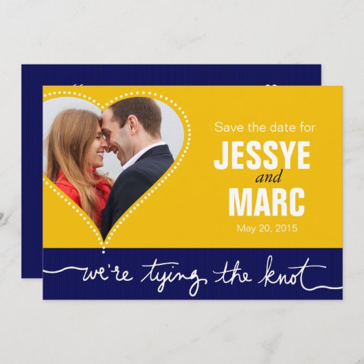 Dotted Heart Photo Sla de datum op gele marine Save The Date (Voorkant / Achterkant)