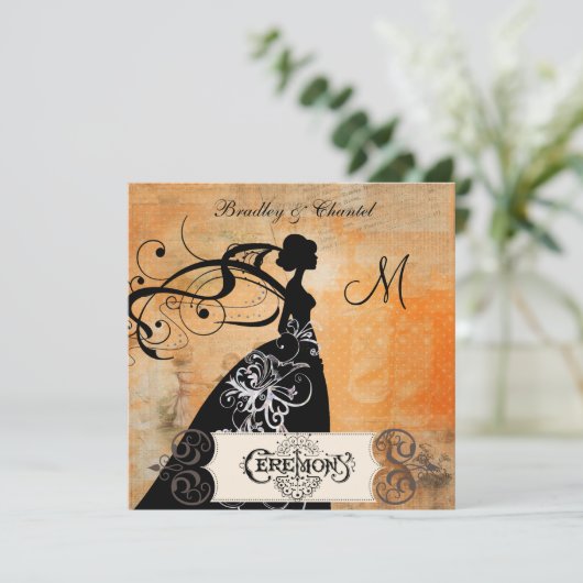 Dotted Oranje Sherbet Silhouette Bride Uitnodiging (Staand voorkant)