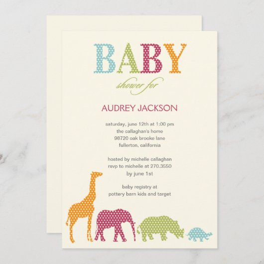 Dotty Animals Baby shower Invitation - Roze Kaart (Voorkant / Achterkant)