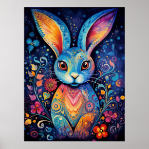 Dotty Delight: Regenboog Doodle Konijn Poster